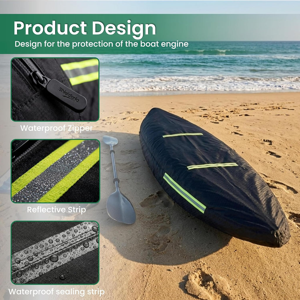 12-14 FT Kayak Cover, Made of 600D Oxford Fabric with a Cotton Lining. Features a Full-Coverage Design, Complete with Zippers and Fluorescent Straps.Suitable for Both Indoor and Outdoor Storage