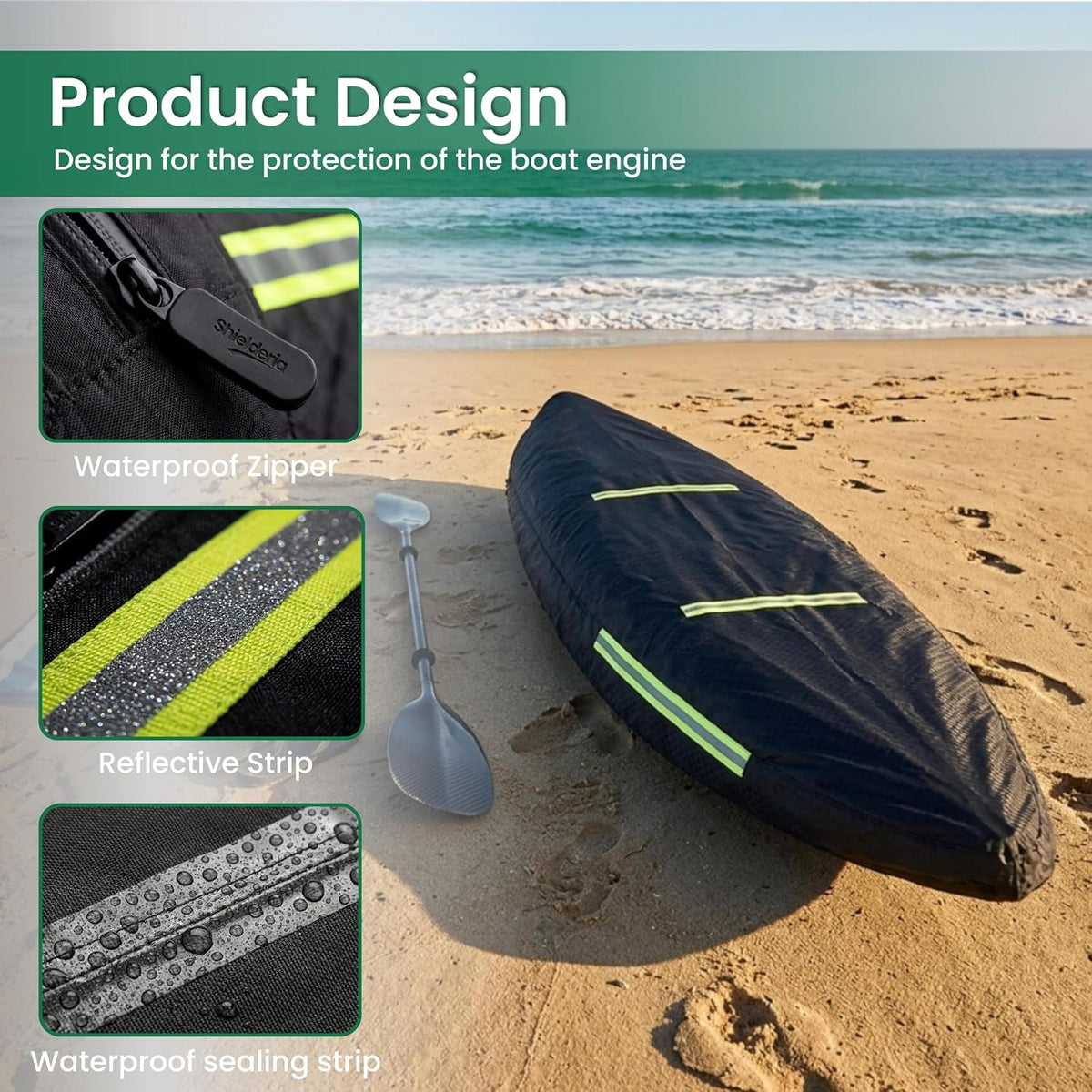 12-14 FT Kayak Cover, Made of 600D Oxford Fabric with a Cotton Lining. Features a Full-Coverage Design, Complete with Zippers and Fluorescent Straps.Suitable for Both Indoor and Outdoor Storage