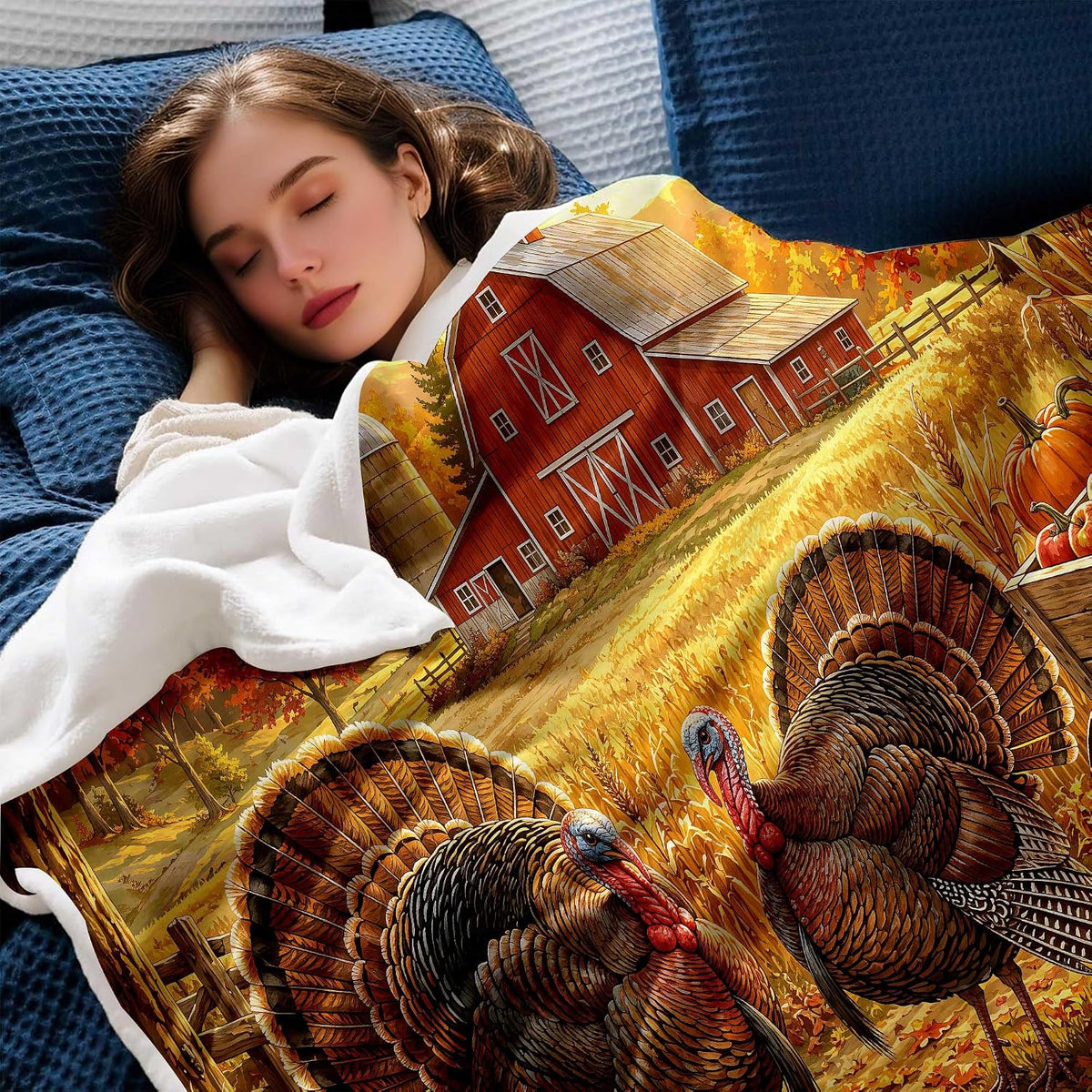 Thanksgiving Turkey Throw Blanket, Fall Farmhouse Fleece Blanket
