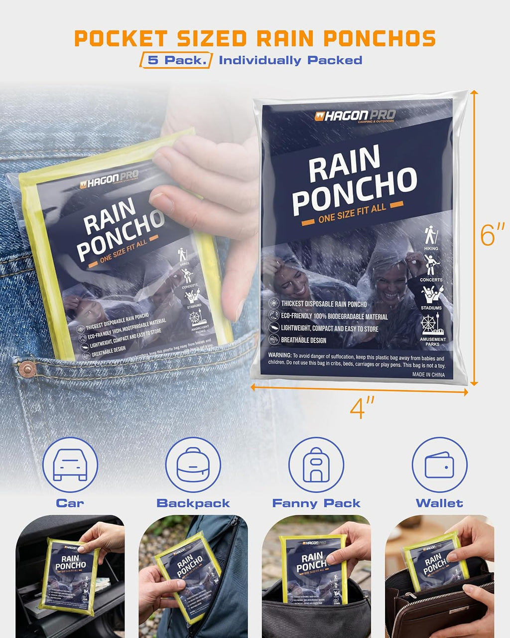 Hagon PRO Disposable Rain Ponchos for Adults (5 Pack)