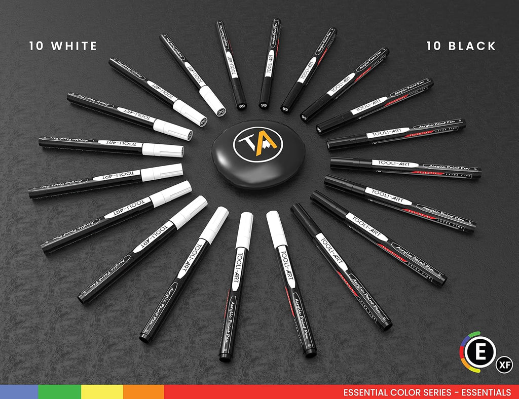 TOOLI-ART Black And White Acrylic Paint Markers Paint Pens Set For Rock Painting, Canvas, Mugs, Metal, Glass Paint, Fabric, Wood, DIY. Non Toxic, Quick Dry,Waterbas (EXTRA FINE)