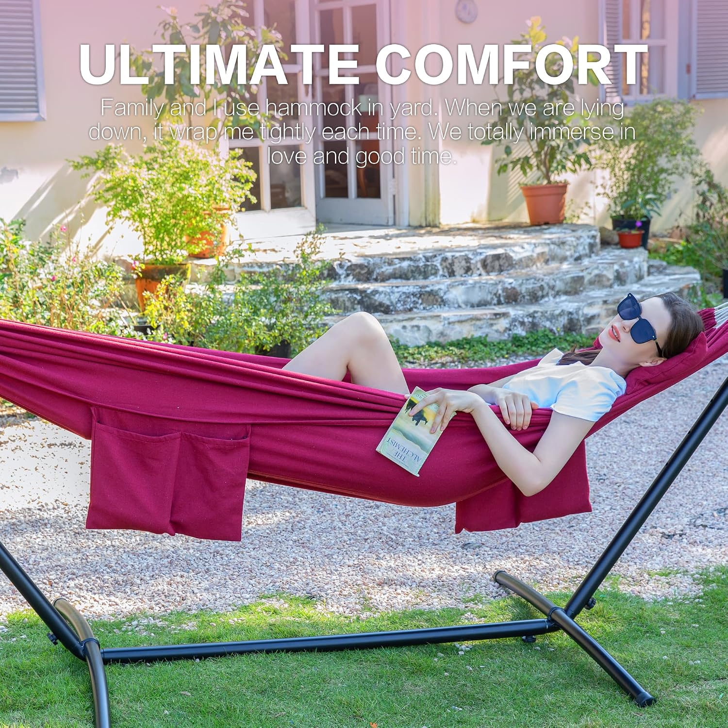 PNAEUT Double Hammock with Stand for Outside, Heavy-Duty, Portable (Cherry)