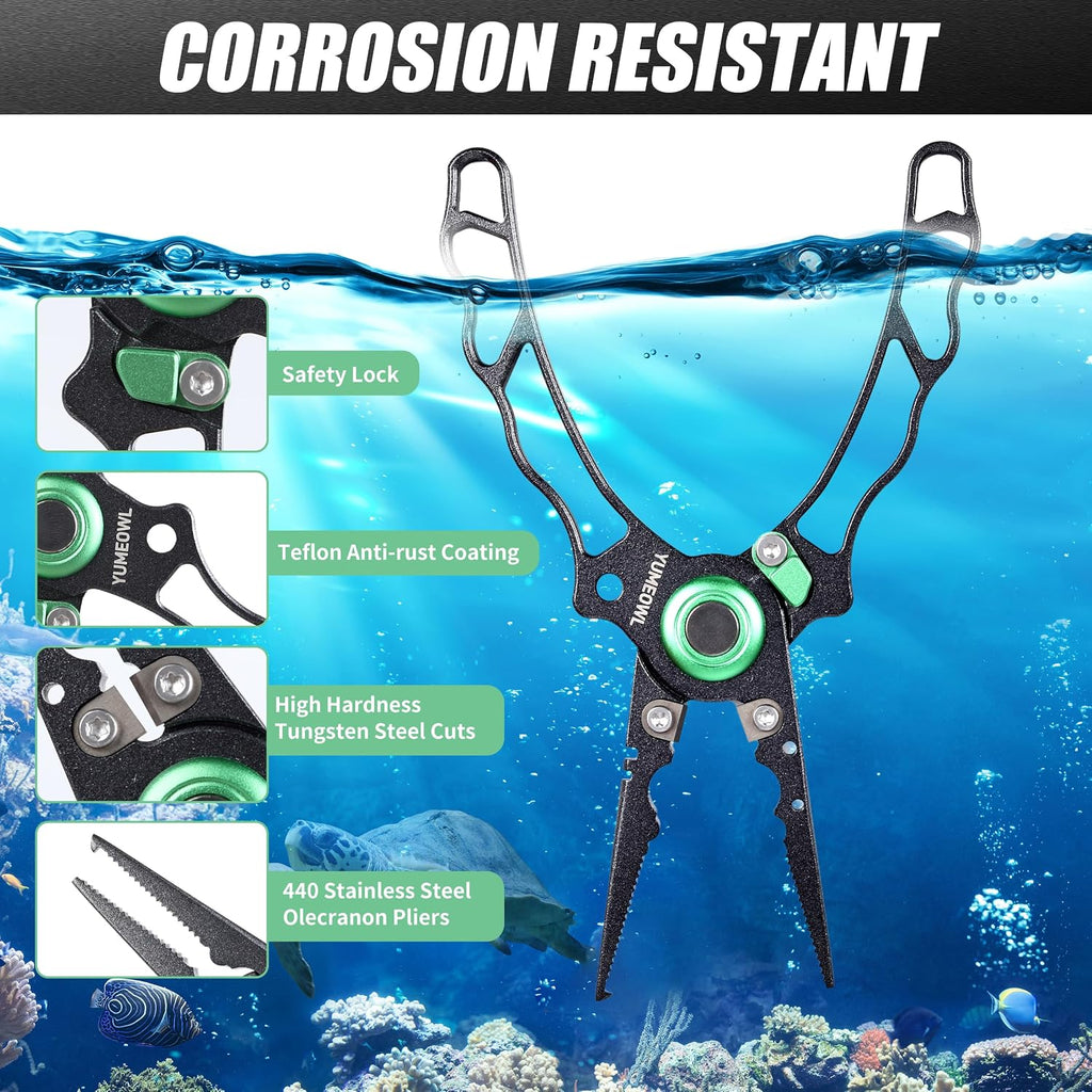 Fishing Pliers with Innovative Ergonomical Handle, Corrosion Saltwater Resistant,Fishing Multitool Hook Remover Braided Fishing Line Cutting, Split Ring with Coiled Lanyard and Sheath