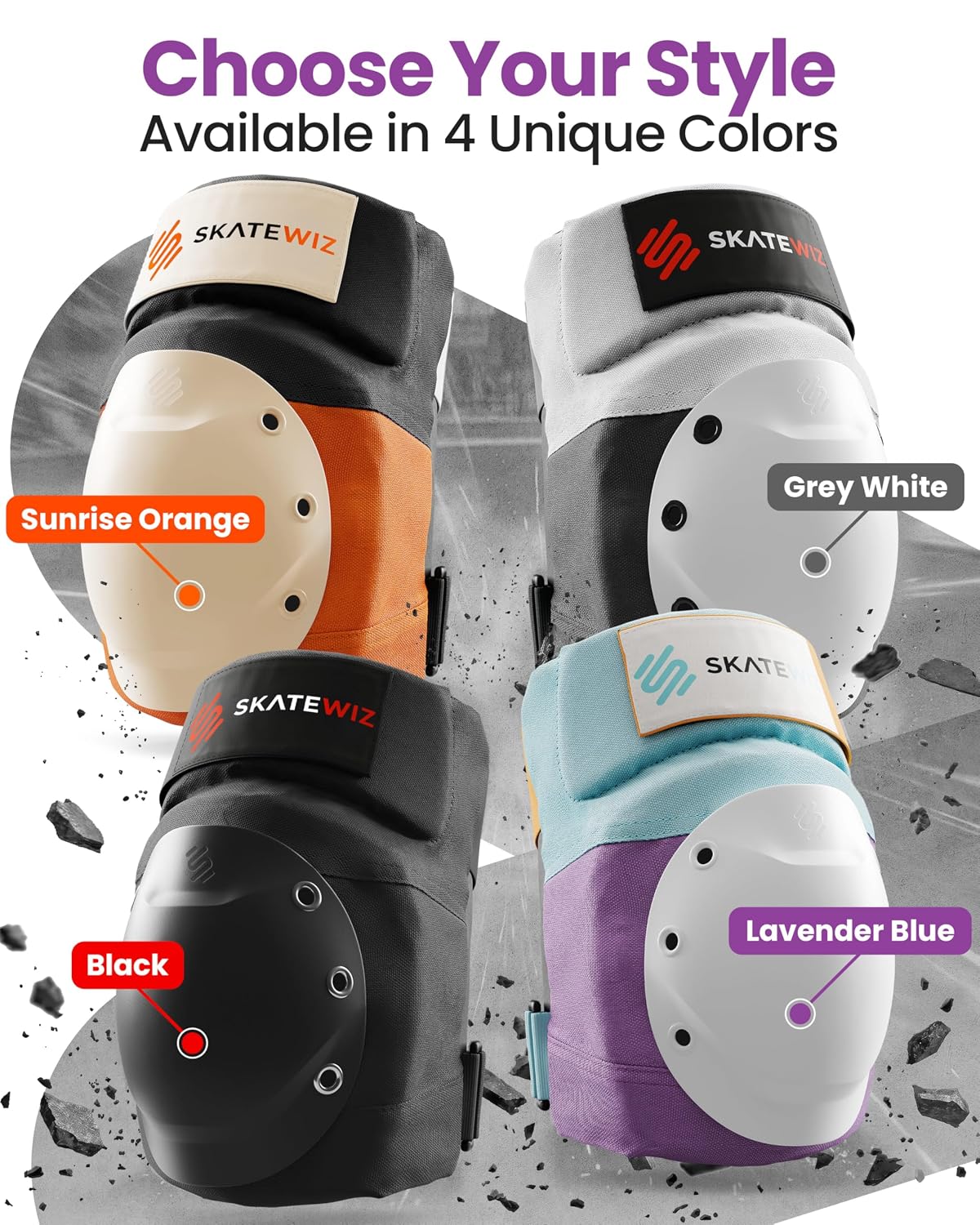 SKATEWIZ Adult Knee Pads, Skate & Skateboarding Wrist Guards for Skating Adult with Elbow Pads - Skateboard Protective Gear - Shield - Size M Lavender Blue - Roller Skates, Inline Skates