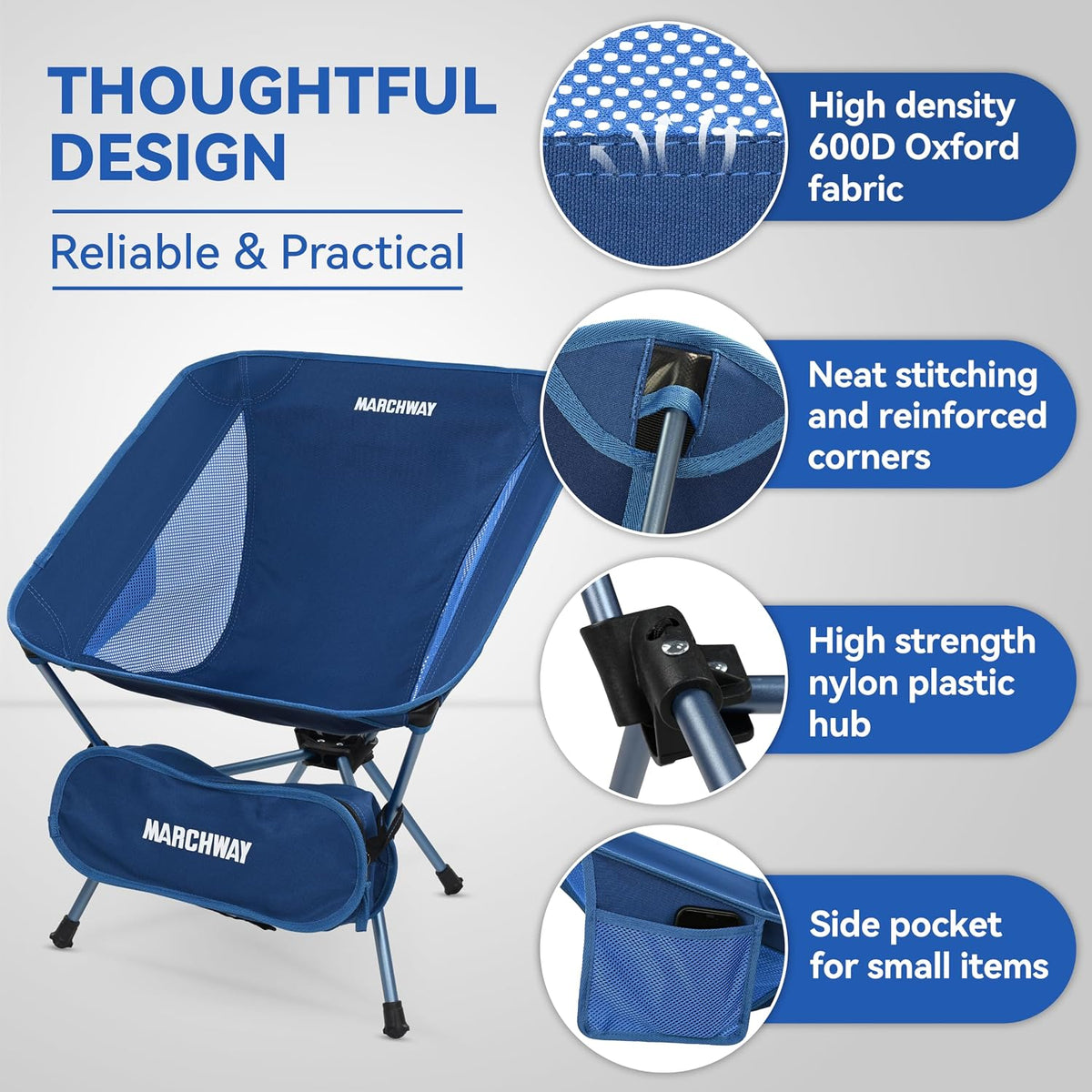 MARCHWAY Lightweight Folding Camping Chair, Portable Foldable Compact for Outdoor Camp, Travel, Beach, Picnic, Festival, Hiking, Backpacking, Supports 330Lbs (Dark Blue)