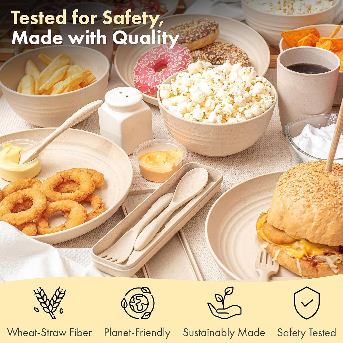 FOODLE Wheat Straw Dinnerware Set - Picnic, Camping Plates Cups and Bowls