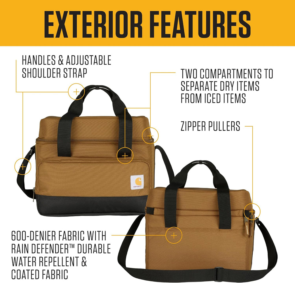 Carhartt Insulated Two Compartment Cooler, Durable Water Repellent Material W/Front Zippered Pocket for Camping, Beach & Travel