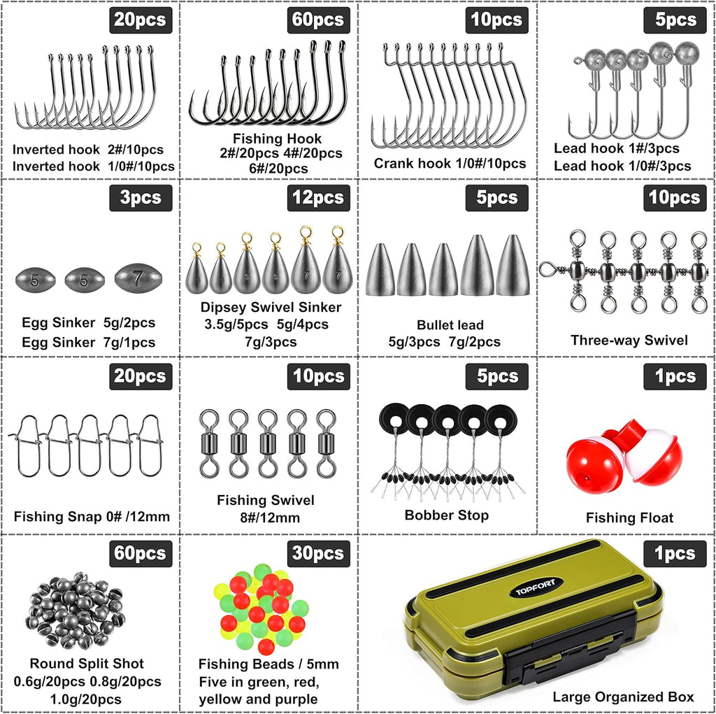 TOPFORT 187/343pcs Fishing Accessories Kit, Organized Fishing Tackle Box with Tackle Included, Fishing Hooks, Fishing Weights Sinkers, Fishing Gear and Equipment, Fishing Gift for Men