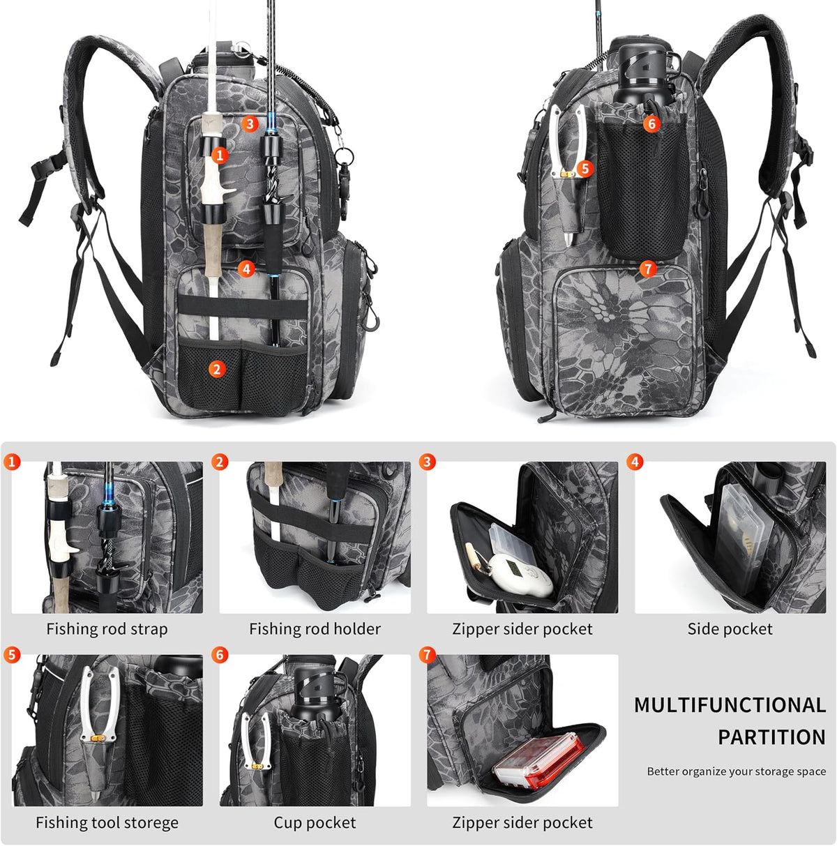 Rabjen Fishing Tackle Backpack with Rod Holders, Bottle Holder, Storage Bag Store Fishing Gear
