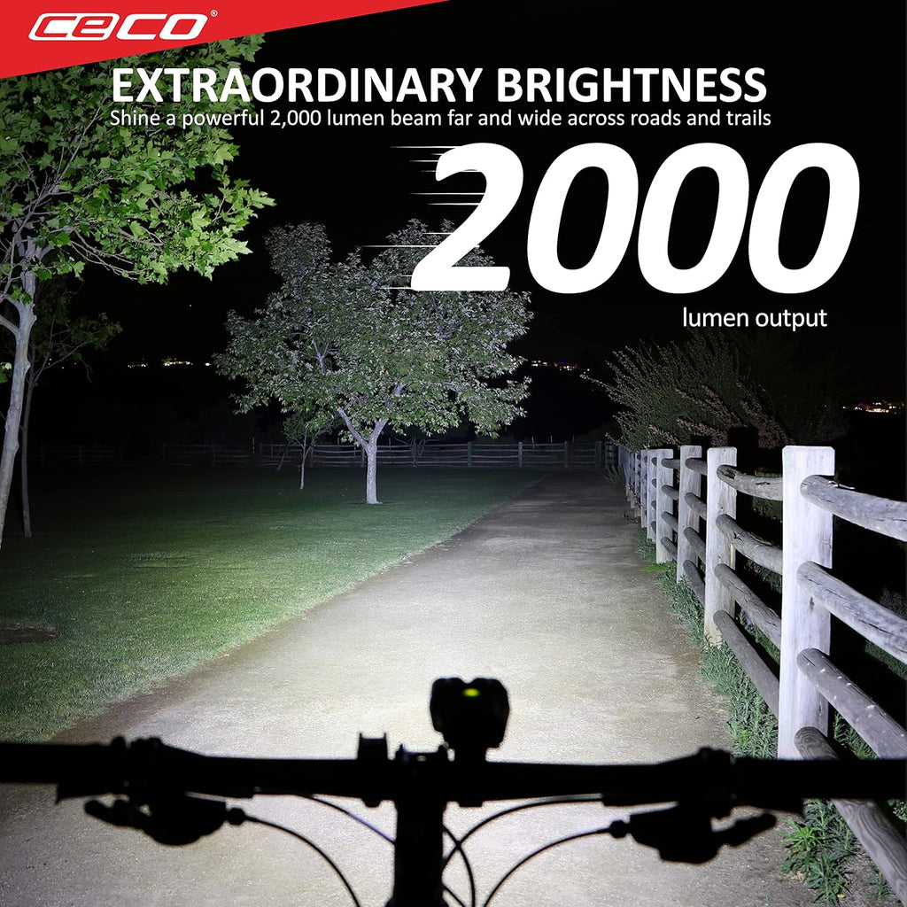 CECO USA 2000 Lumens Super Bright Bike Light Front, IP67 Waterproof, FL-1 Impact Resistant, USB Rechargeable, Battery Life, Great for Commuter Road Cyclist e-Bike Mountain Bikers, Dual Beam