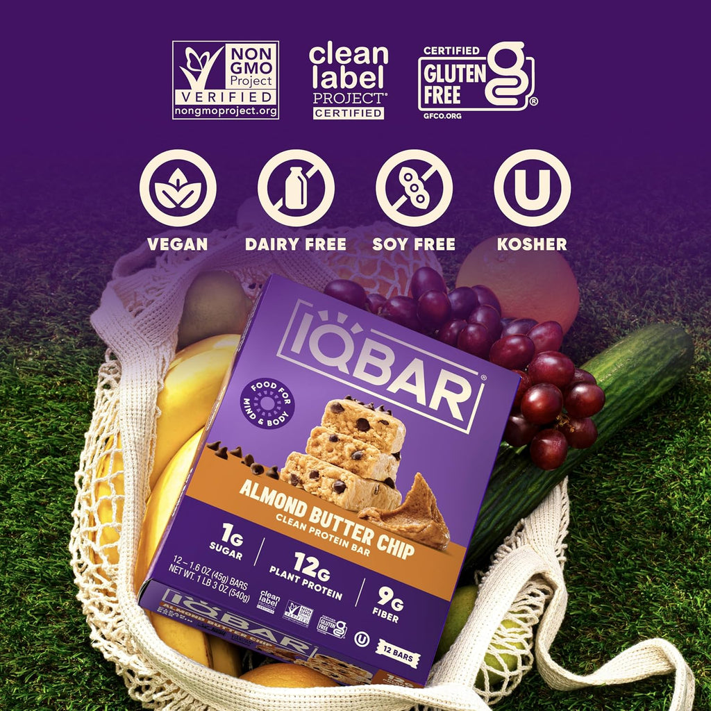 IQBAR Clean Protein Bars, Low Sugar Keto, Almond Butter Chip 12-Count