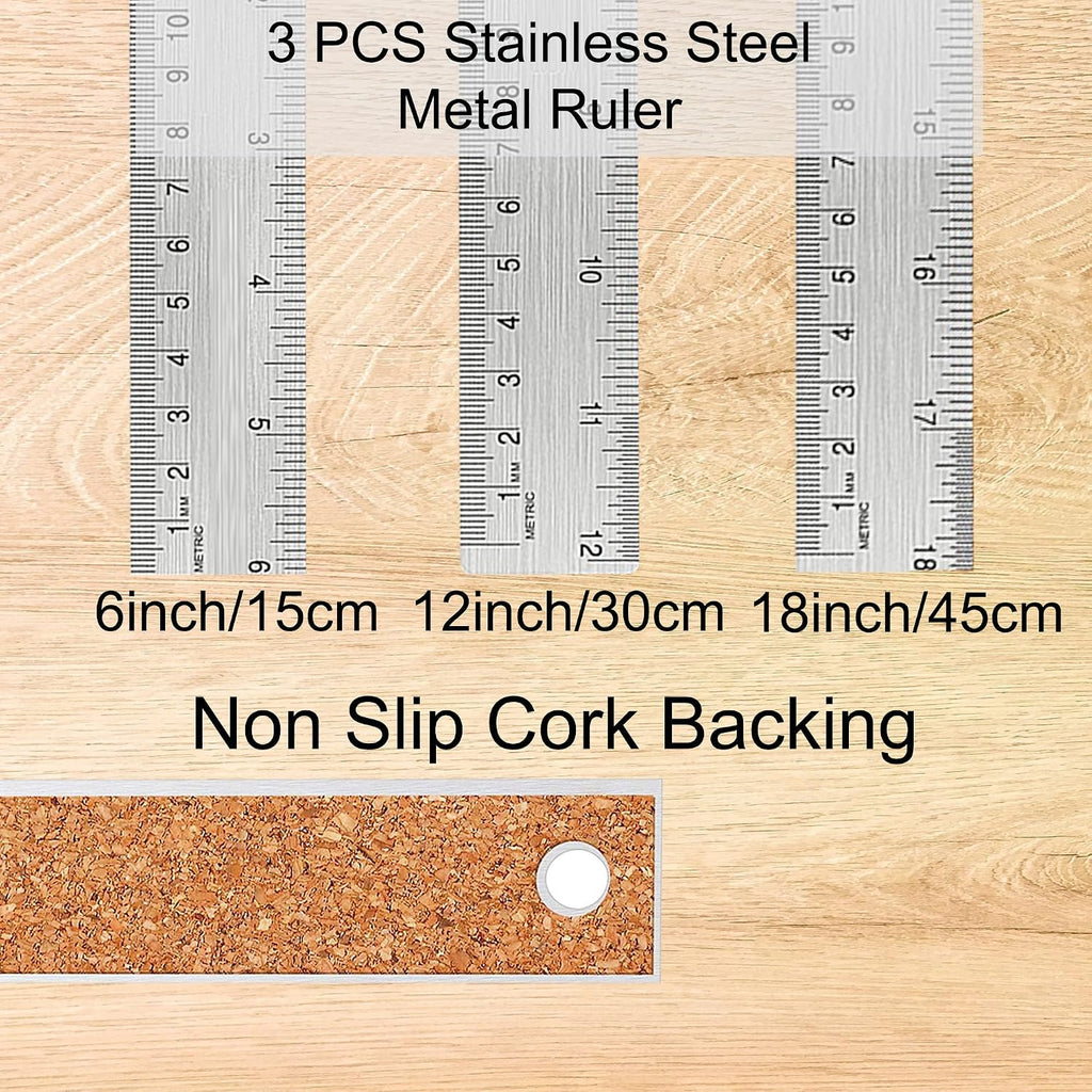 Metal Ruler with Cork Backing, 6+12+18 Inch, Non-Slip Straight Edge