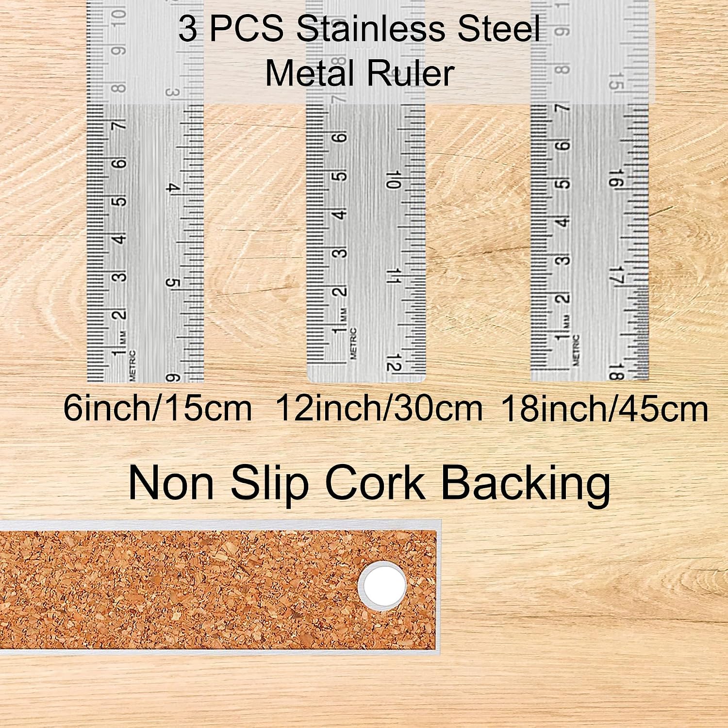 Metal Ruler with Cork Backing, 6+12+18 Inch, Non-Slip Straight Edge