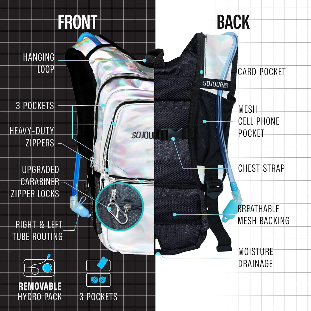 Sojourner Hydration Pack, Hydration Backpack - Water Backpack with 2l Hydration Bladder, Festival Essential - Rave Hydration Pack Hydropack Hydro for Hiking, Running, Biking, Festival Gear