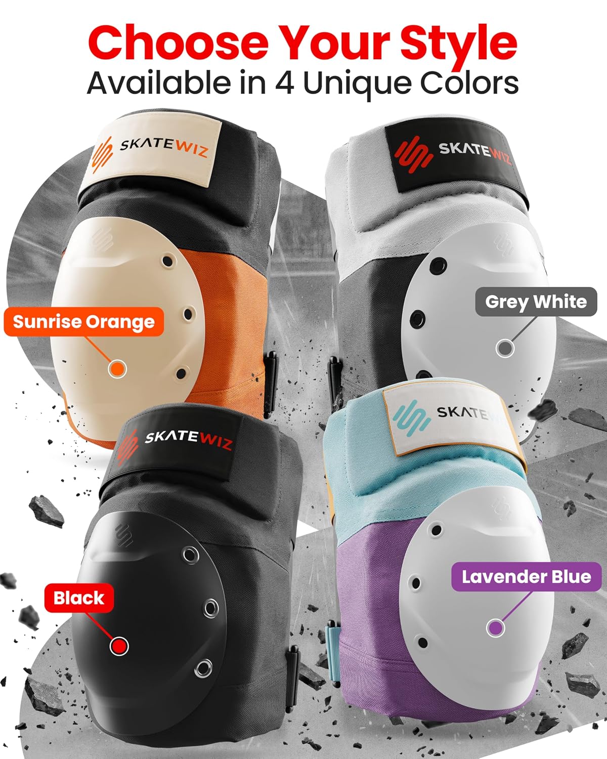 SKATEWIZ Adult Knee Pads, Skate & Skateboarding Wrist Guards for Skating Adult with Elbow Pads - Skateboard Protective Gear - Shield - Size M Grey White - Roller Skates, Inline Skates