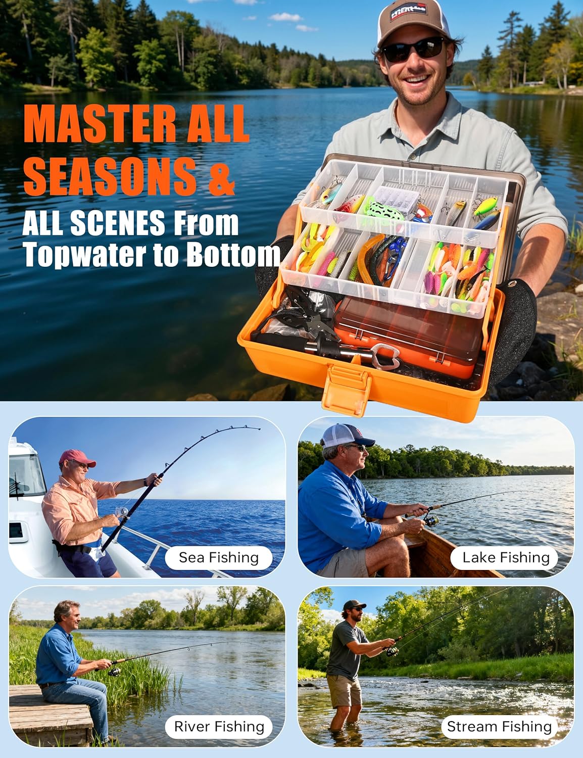 Large 3-Layer Tackle Box with Tackle Included, 417Pcs Fishing Lures Kit | Fishing Box with Bonus Small 2-Sided Box & Gloves, Pliers, Crankbait, Hooks, Freshwater Bass Fishing Gear Gift for Men & Kids
