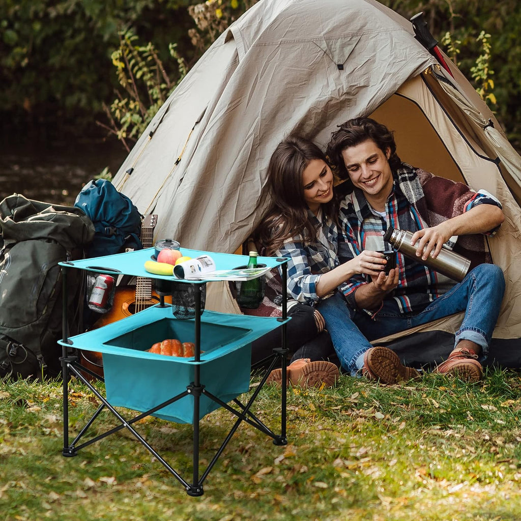 VILLEY Folding Camping Table, Double-Layer Beach Table with Storage