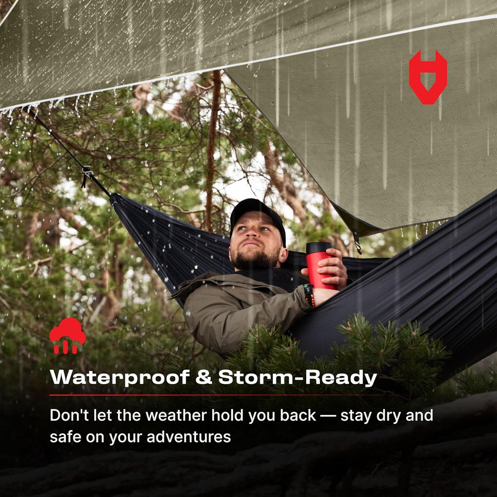 Rain Fly 12x10 Lightweight Survival Camping Tarp; 100% Waterproof; Makes a Great Backpacking Tarp or Hammock Shelter; Comes in Multiple Colors, Survival Bracelet Included; OD-Green