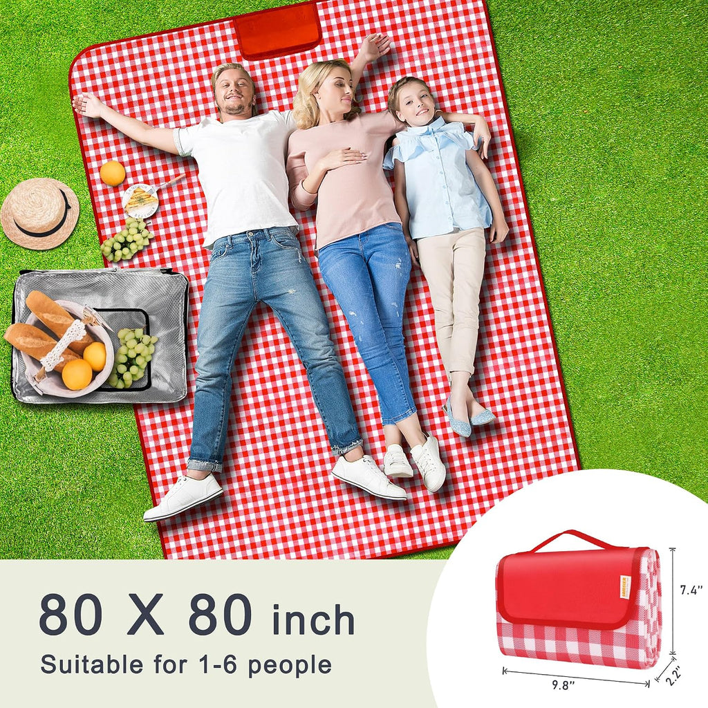 SAMSIER Outdoor Picnic Blankets Waterproof Foldable Sandproof, Extra Large Gingham Cute Picnic Mat Washable Portable for Park Beach Camping Courtyard (Red, 80"×80")