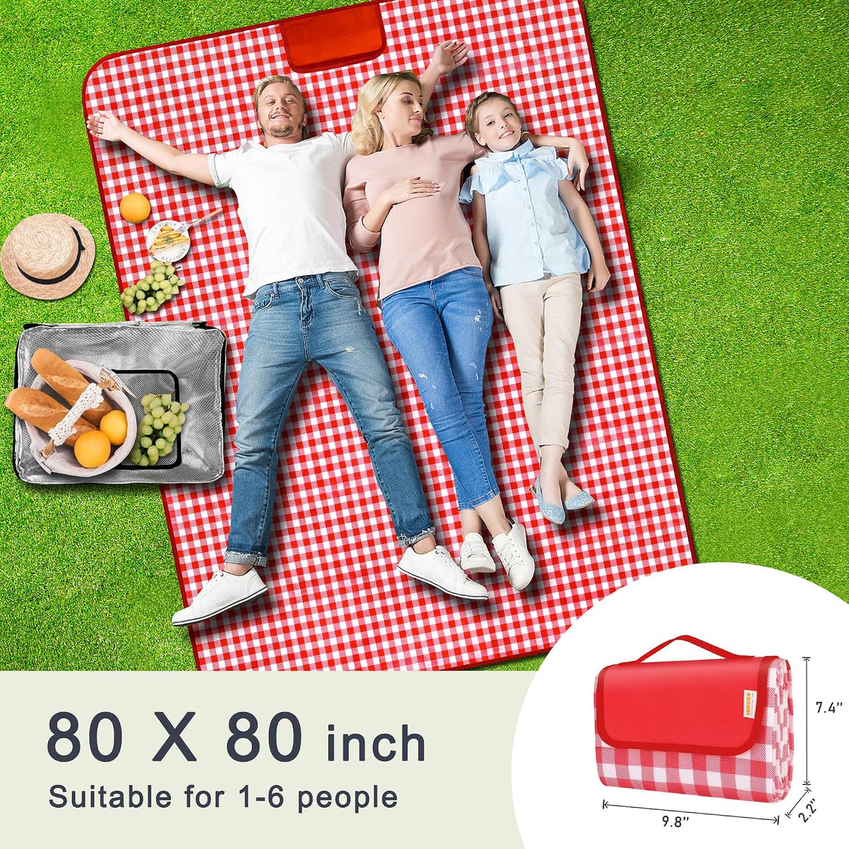 SAMSIER Outdoor Picnic Blankets Waterproof Foldable Sandproof, Extra Large Gingham Cute Picnic Mat Washable Portable for Park Beach Camping Courtyard (Red, 80"×80")