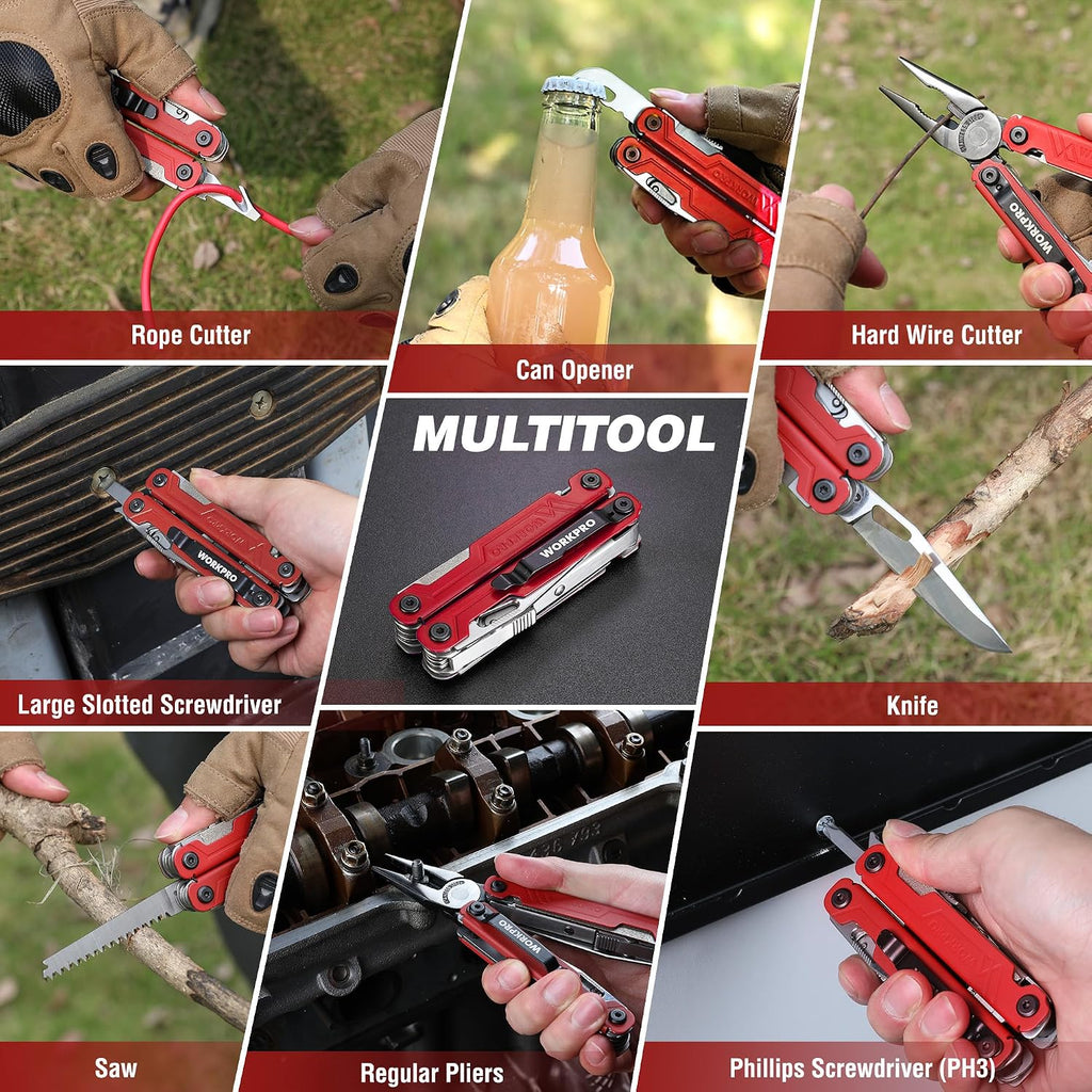 WORKPRO 18-in-1 Multi Tool Pliers Pocket Knife, 2 Safety Locks, EDC, Red | Gifts for Men Dad Women Wife, Stainless Steel Multitool, Belt Clip and Oxford Pouch, Utility Tool for Camping