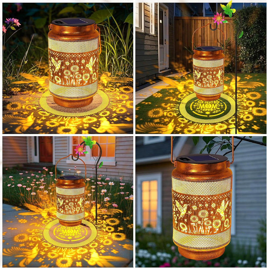 Gifts for Mom, Mom Gift Solar Lanterns Outdoor, Birthday Gift from Daughter Son, Metal Solar Hanging Hummingbird Lights with Shepherd Hook for Outside Garden Yard Patio Pathway (2 Pack)