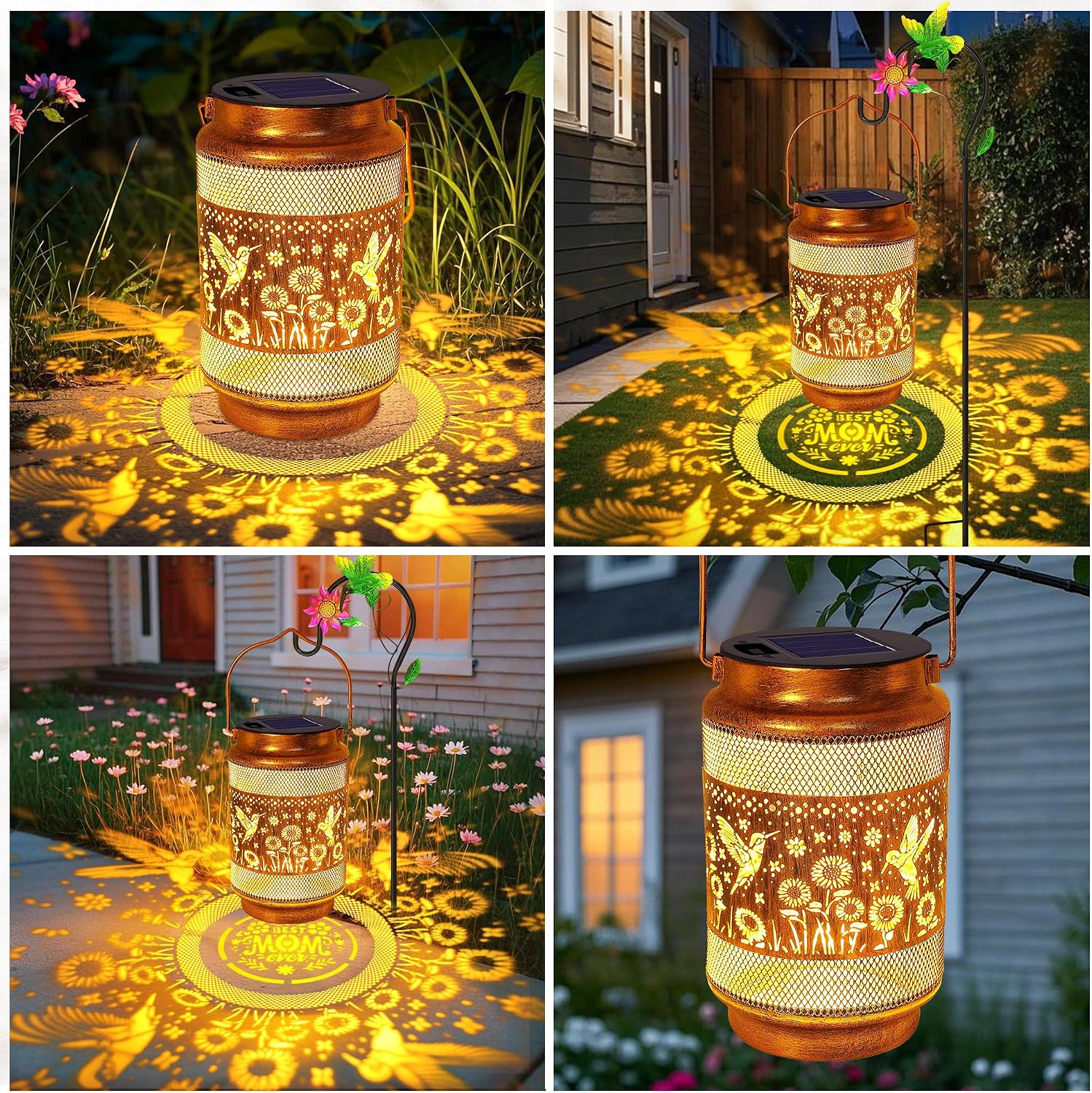 Gifts for Mom, Mom Gift Solar Lanterns Outdoor, Birthday Gift from Daughter Son, Metal Solar Hanging Hummingbird Lights with Shepherd Hook for Outside Garden Yard Patio Pathway (2 Pack)