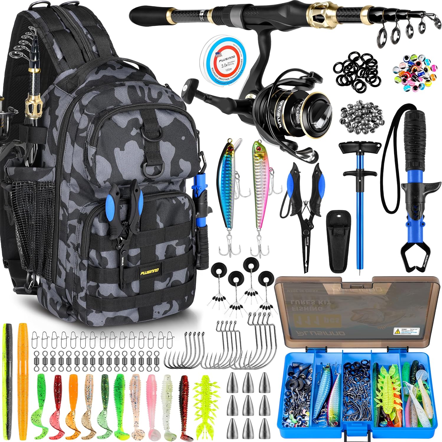 PLUSINNO Fishing Backpack with Rod & Reel Combos, Fishing Gear Kit