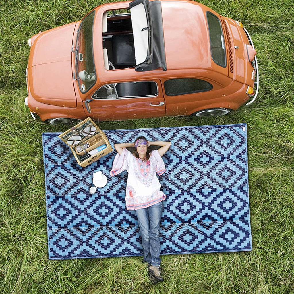 SAND MINE Reversible Mats, Plastic Straw Rug, Modern Area Rug, Large Floor Mat and Rug for Outdoors, RV, Patio, Backyard, Deck, Picnic, Beach, Trailer, Camping, Blue, 5' x 8'