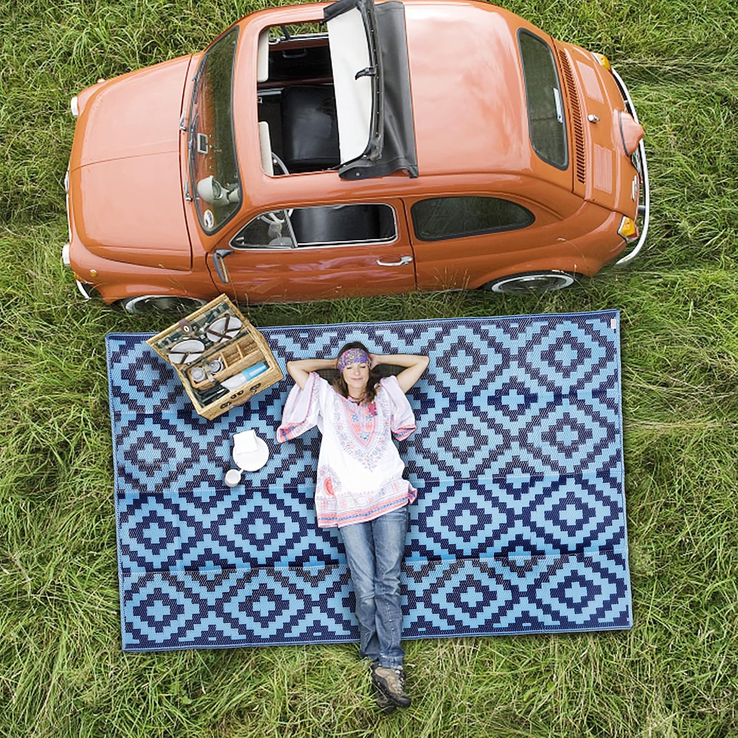 SAND MINE Reversible Mats, Plastic Straw Rug, Modern Area Rug, Large Floor Mat and Rug for Outdoors, RV, Patio, Backyard, Deck, Picnic, Beach, Trailer, Camping, Blue, 5' x 8'