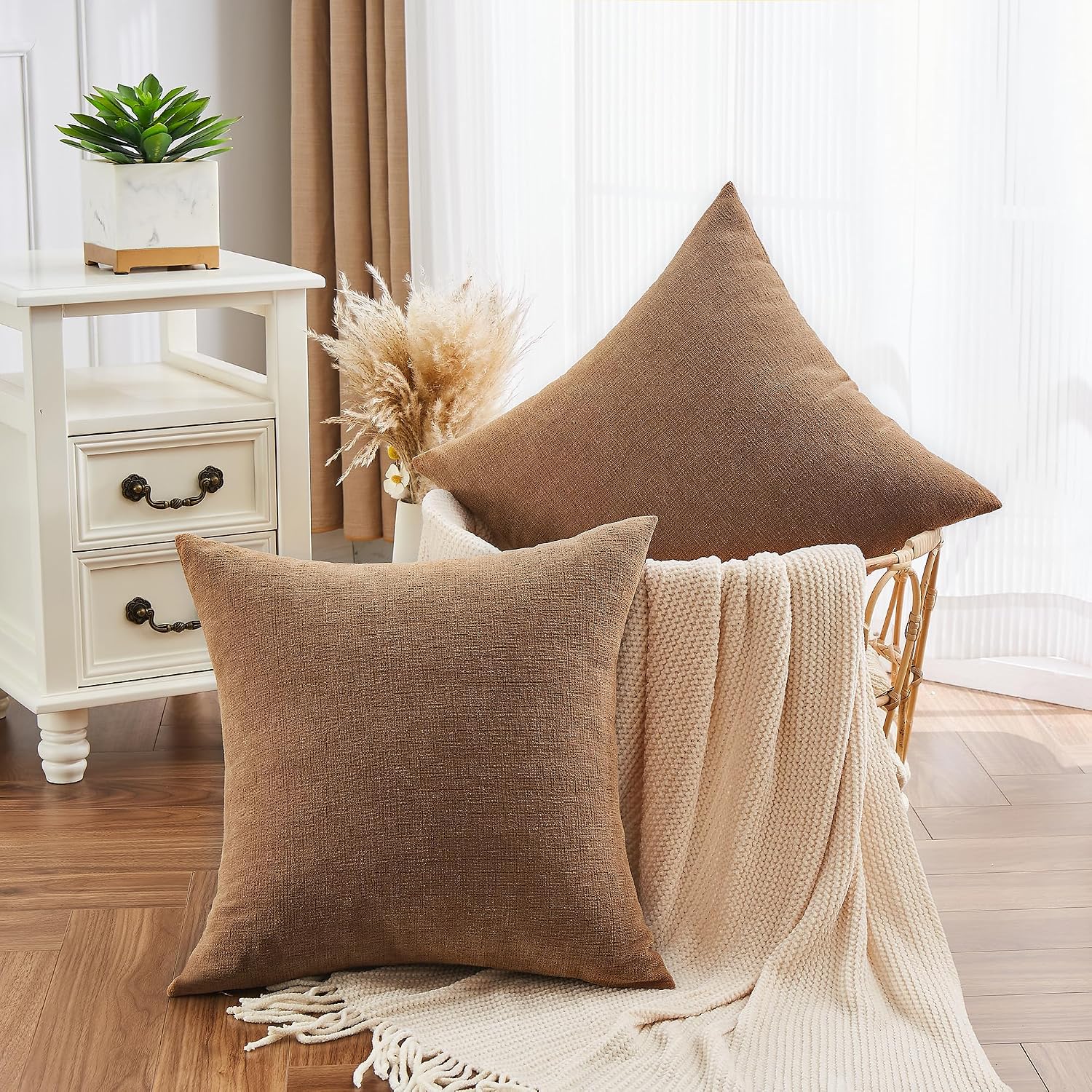 GAWAMAY Decorative Square Throw Pillow Covers 18"x18" Inch Set of 2, Super Soft Chenille Pillows Cover Fall Pillowcase for Living Room Bedroom Sofa Couch Cushion Cover Brown 45x45cm (No Inserts)