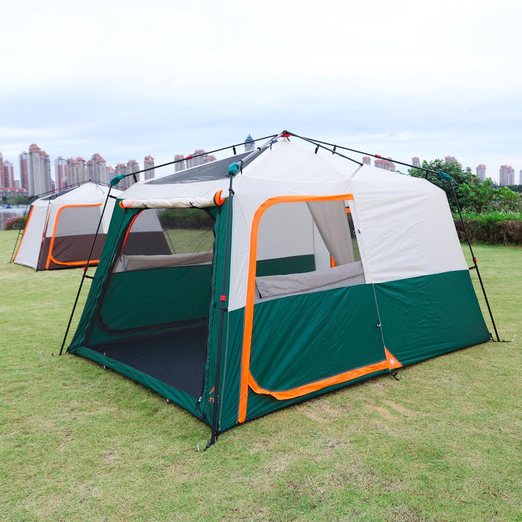 KTT Extra Large Tent 10-12-14 Person(B),Family Cabin Tents,2 Rooms,3 Doors and 3 Windows with Mesh,Straight Wall,Waterproof,Double Layer,Big Tent for Outdoor,Picnic,Camping,Family Gathering