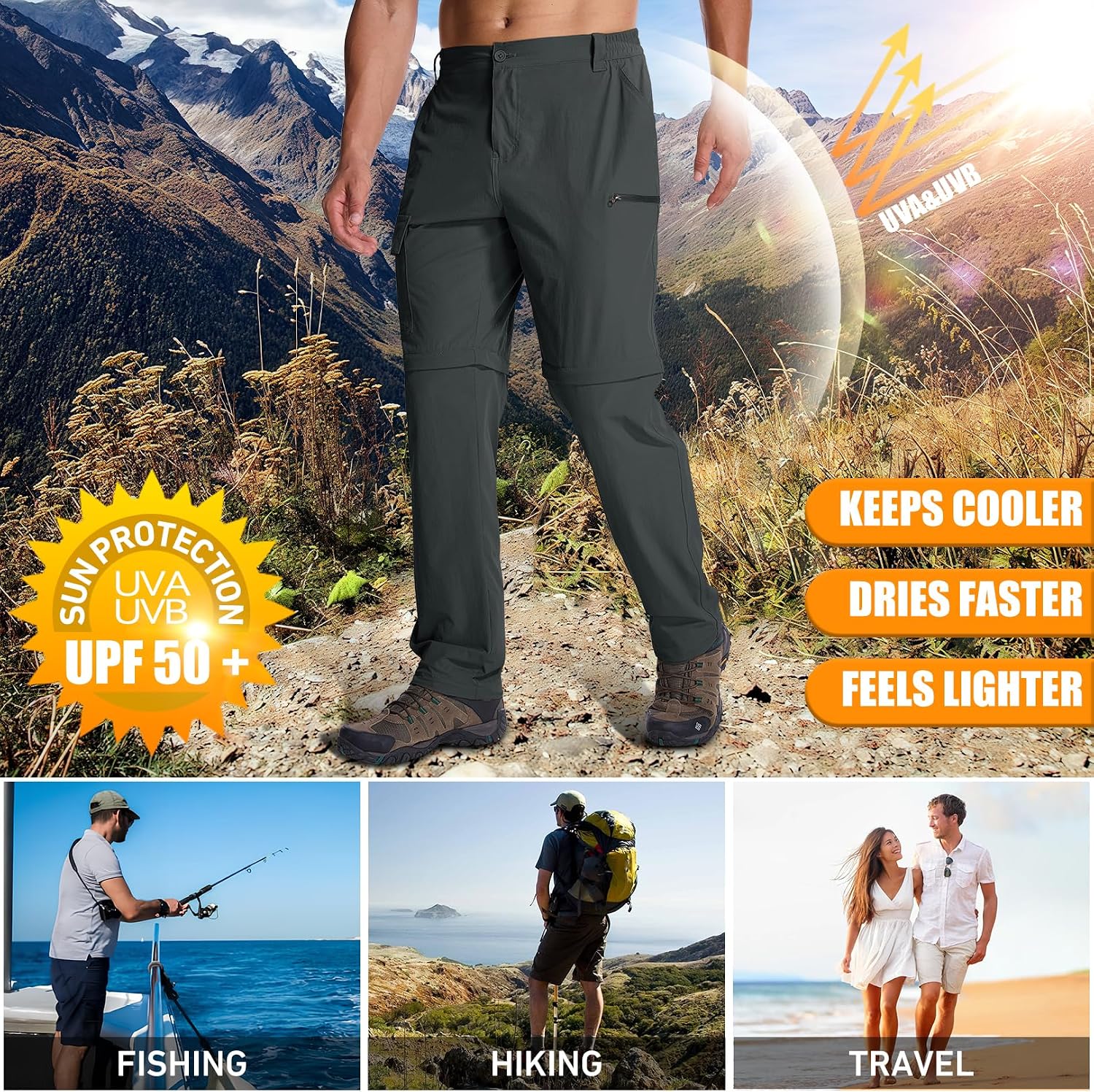 Mens Hiking Pants Cargo Safari Pants for Men Zip Off Outdoor Convertible