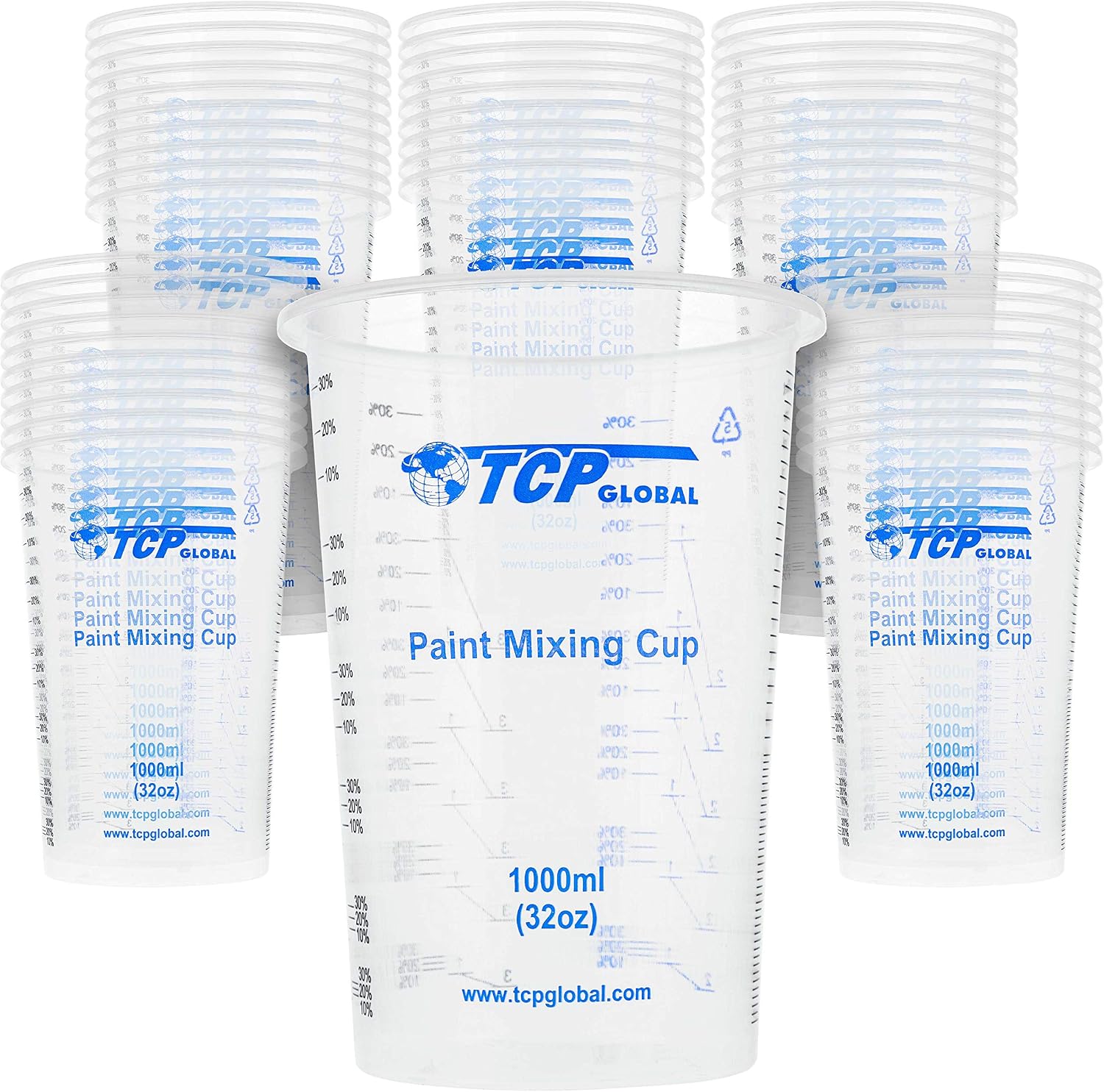 TCP Global 32 oz. (1000ml) Graduated Plastic Mixing Cups (Box of 25)