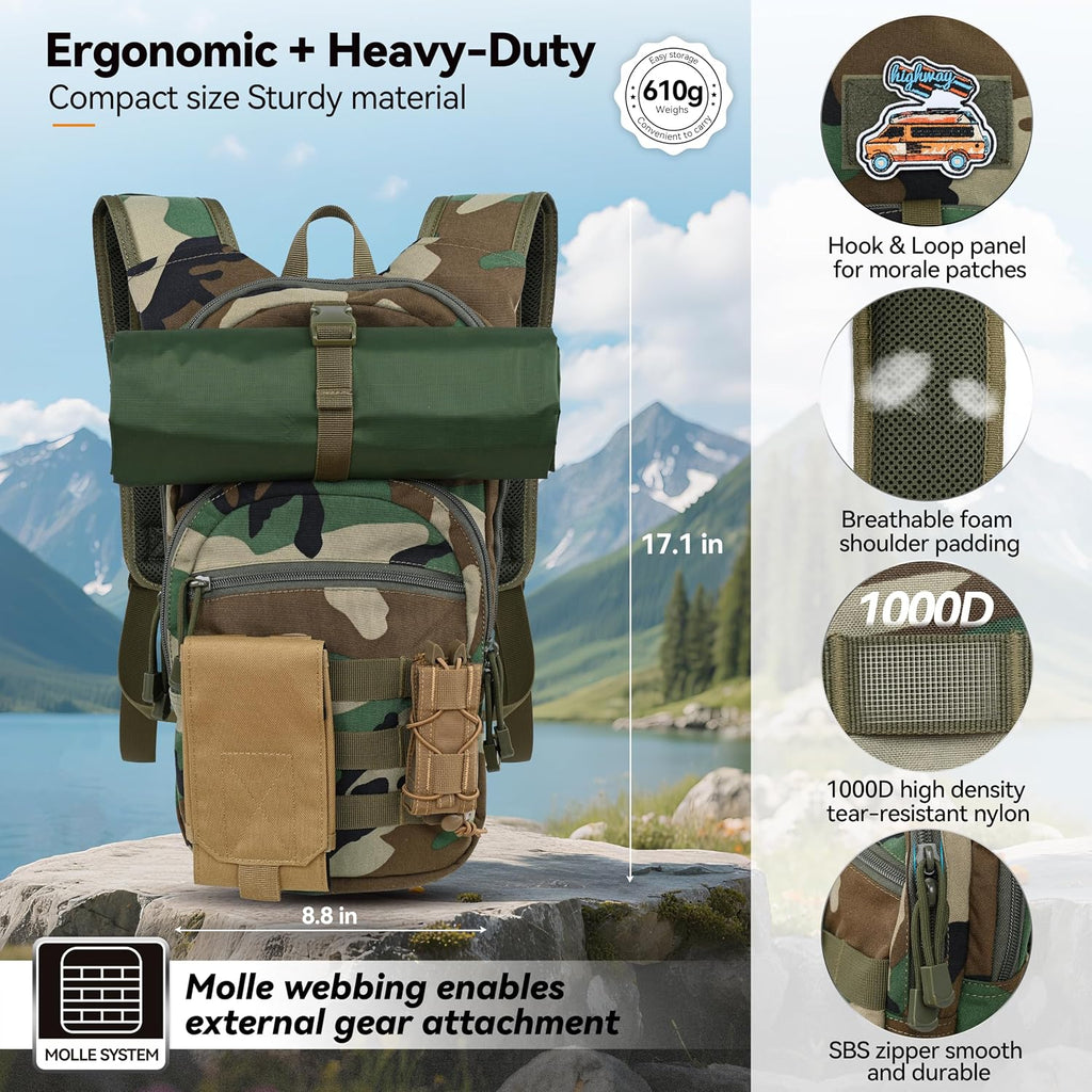 MARCHWAY Tactical Molle Hydration Pack with 2.5L TPU Water Bladder, Low-Profile Organized Military Backpack for Hiking, Cycling, Backpacking, Hunting, Running