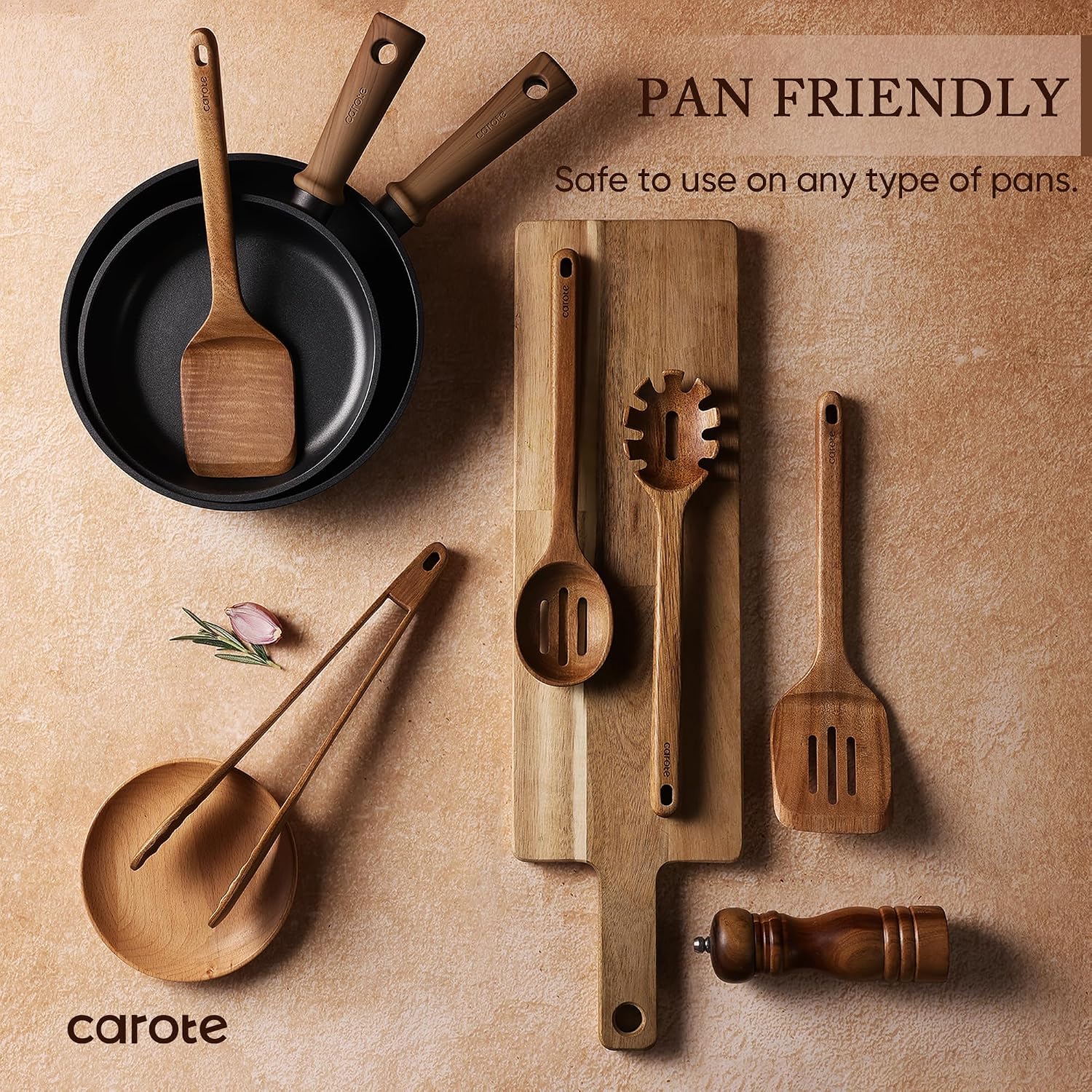 CAROTE Wooden Utensil Set, 8-Piece Acacia Wood Cooking Utensils