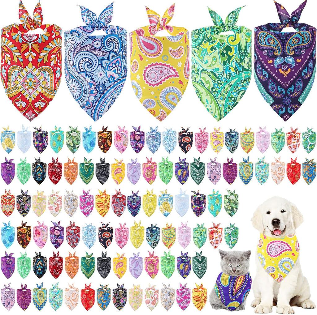 Sanwuta 100 Pcs Summer Paisley Hawaiian Dog Bandana Bulk Pet Triangle Scarf Bibs Bandanas for Dog Washable Kerchief Adjustable Grooming Supplies for Small Medium Large Seasonal Cat Costume Accessories