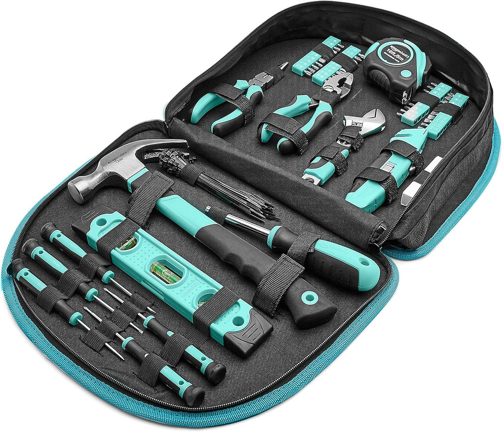 Amazon Basics 104-Piece Home Repair Household Tool Set with Easy Carrying Round Pouch, Portable Hand Tool Kit, Turquoise, 14.4 x 11.4 x 3 inches