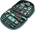 Amazon Basics 104-Piece Home Repair Household Tool Set with Easy Carrying Round Pouch, Portable Hand Tool Kit, Turquoise, 14.4 x 11.4 x 3 inches