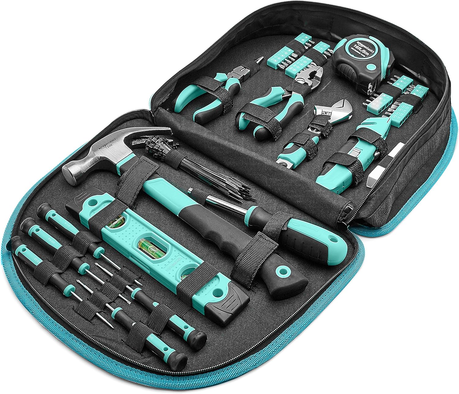 Amazon Basics 104-Piece Home Repair Household Tool Set with Easy Carrying Round Pouch, Portable Hand Tool Kit, Turquoise, 14.4 x 11.4 x 3 inches