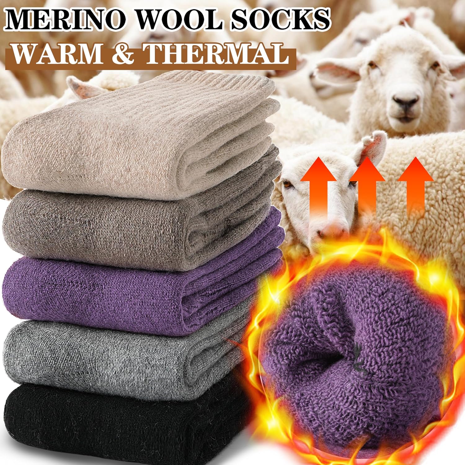 MOGGEI 5 Pairs Womens Merino Wool Socks Hiking Warm Winter Thick Thermal Crew Cozy Cabin Ladies Gift Comfy Boot Work Socks