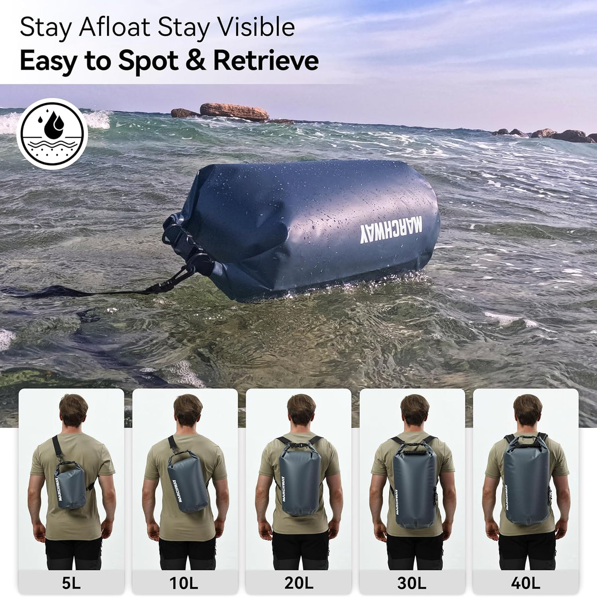 MARCHWAY Floating Waterproof Dry Bag Backpack 5L/10L/20L/30L/40L, Roll Top Sack Keeps Gear Dry for Kayaking, Rafting, Boating, Swimming, Camping, Hiking, Beach, Fishing