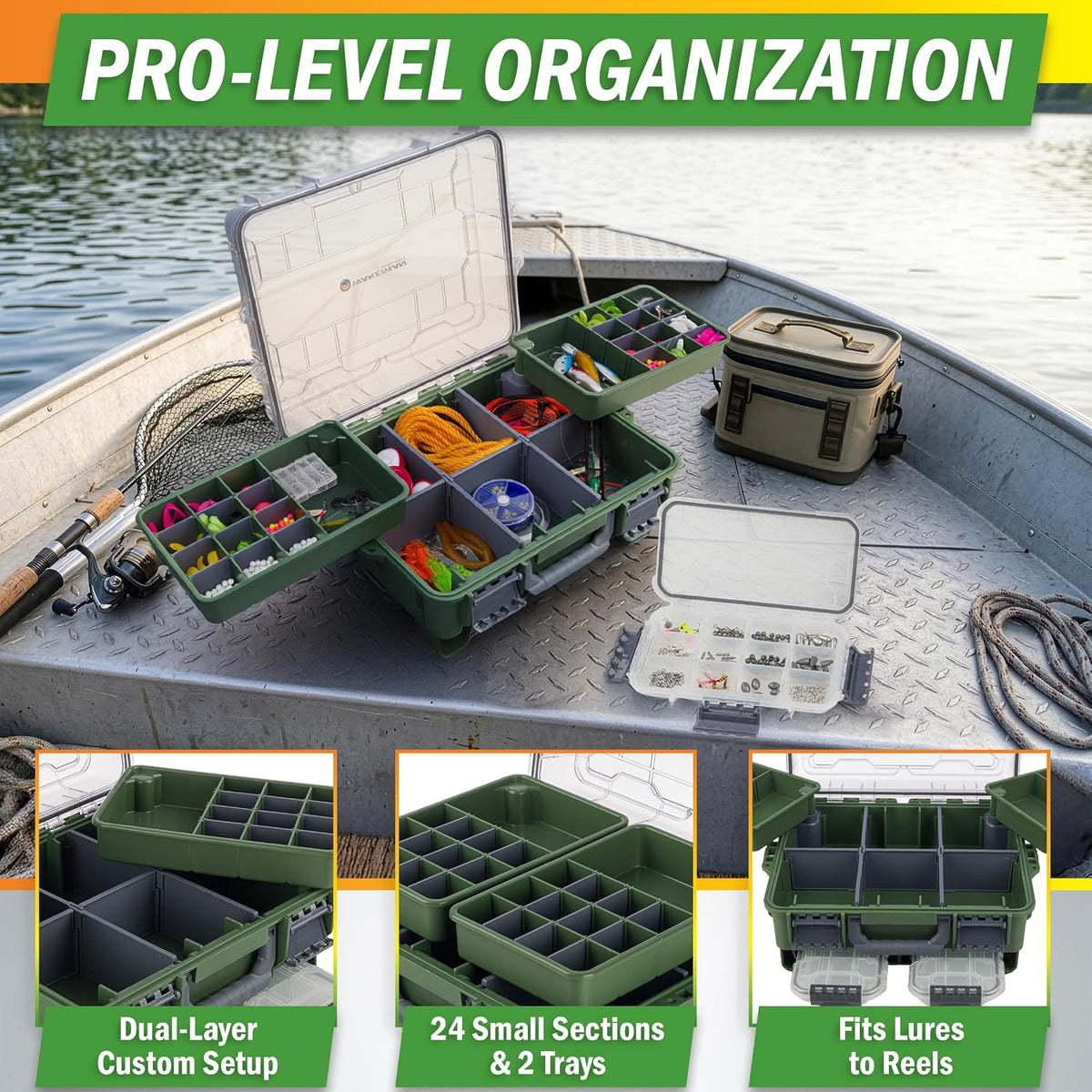 Fishing Tackle Box Organizer - Dual Layer Heavy Duty Plastic Tacklebox Storage Box with Adjustable Dividers and 2 Removeable Tackle Trays - Fishing Gear and Equipment by Wakeman Outdoors (Green)