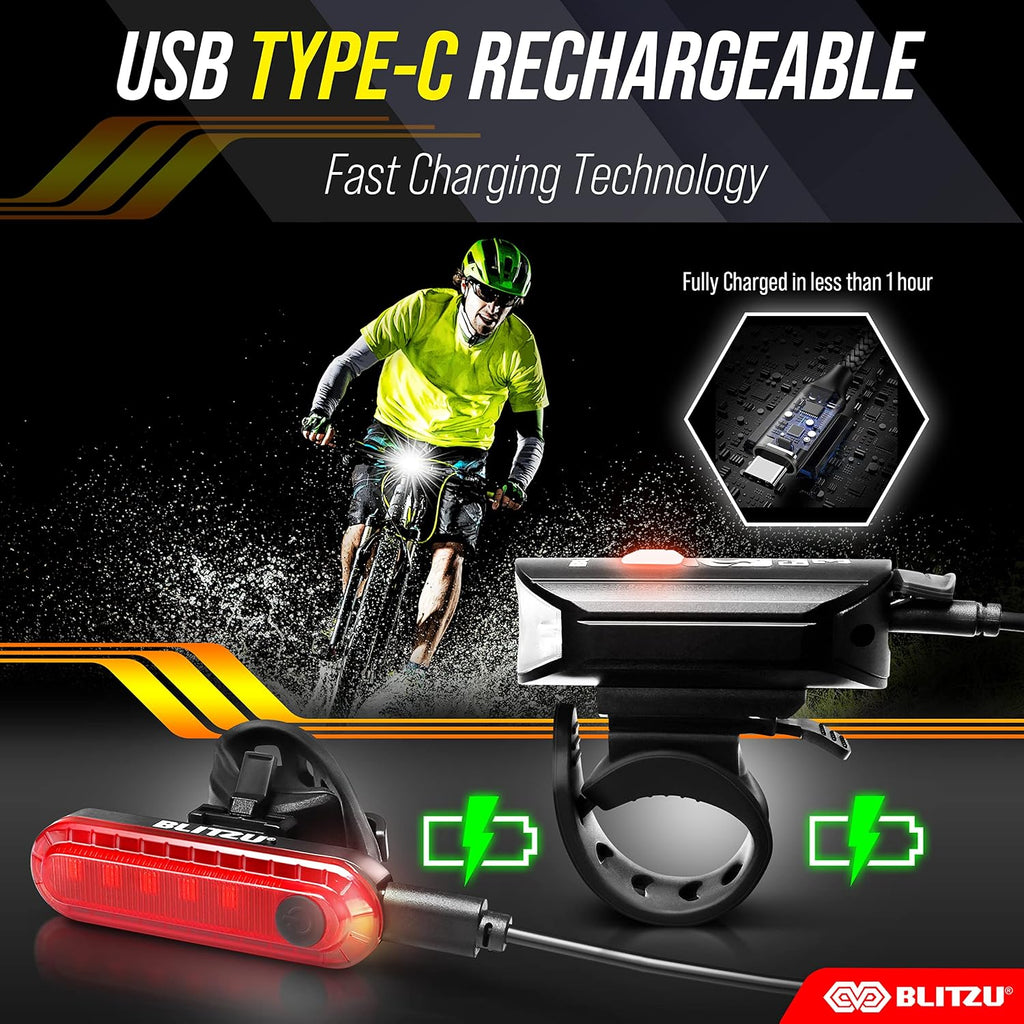 BLITZU Ultra Bright Type-C USB-C Rechargeable Bike Light Set, Bicycle Front Headlight and Back Taillight, Bicycle Accessories for Night Riding, Easy to Install for Men Women Kids Road Mountain Cycling