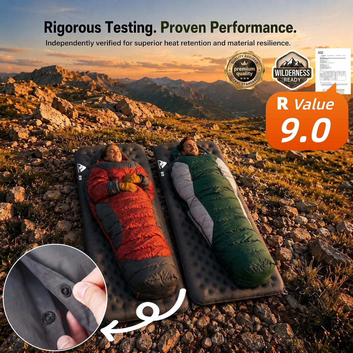 Camping Sleeping Pad, SGS Certified 9.0 R-Value 4" Thick Inflatable Camping Mattress Ultralight Insulated Sleeping Pad for Tent, Car Camping, Truck Bed & All Season Outdoor Use