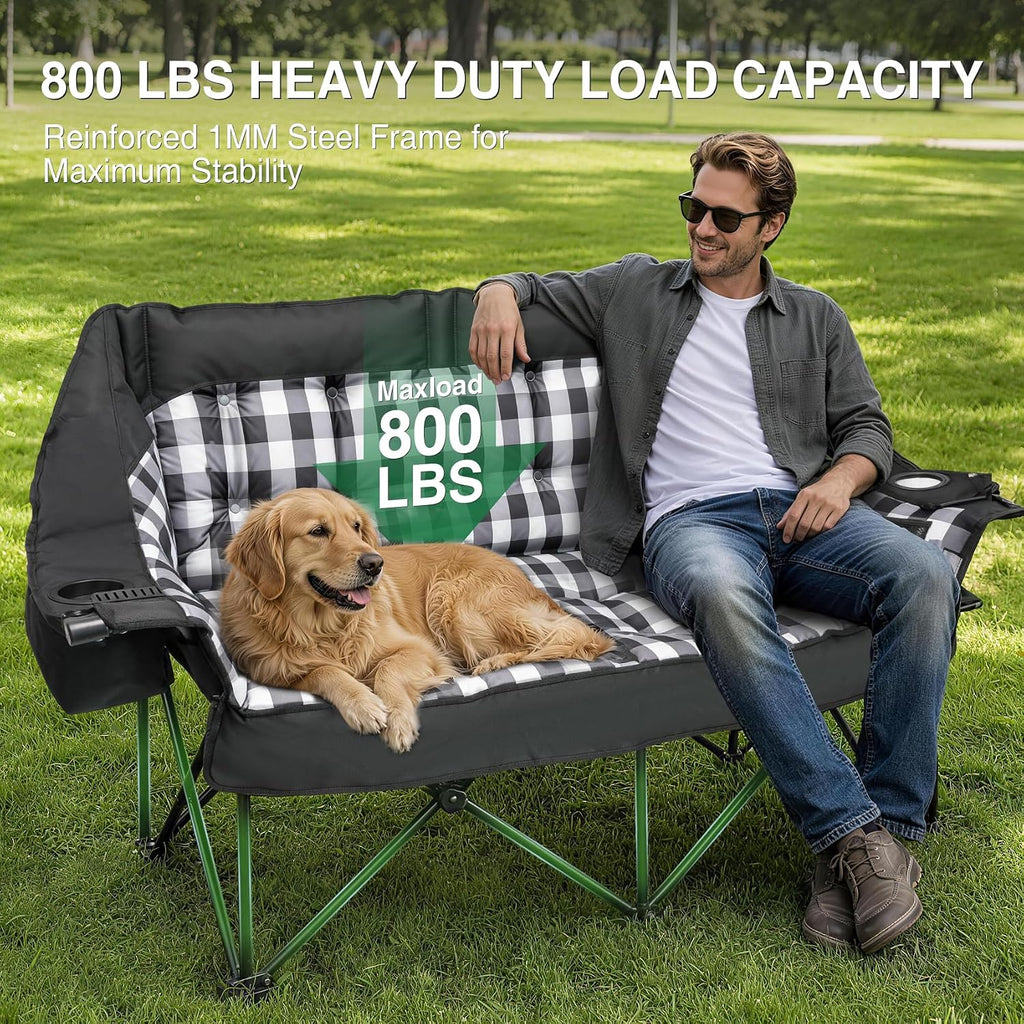 HOPERAN Double Camping Chair 800lbs Camping Couch Folding Loveseat, Black
