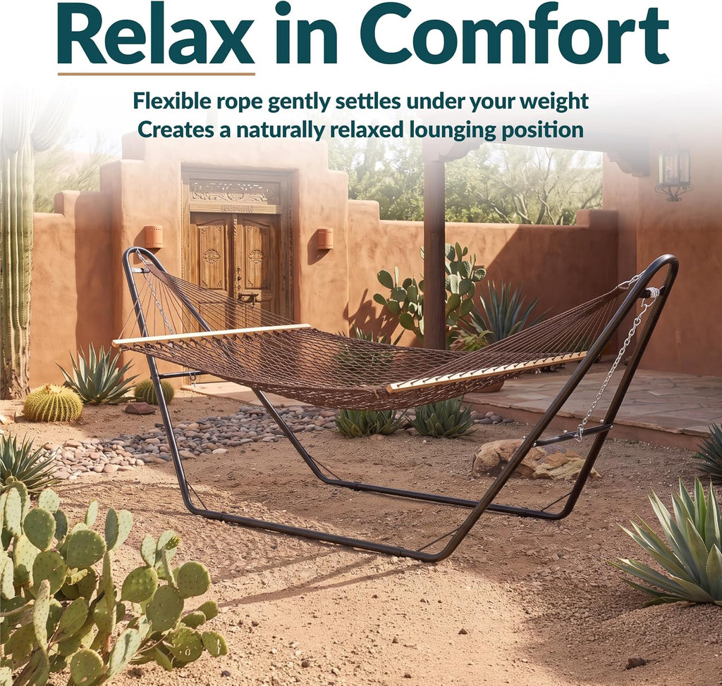 Sunnydaze Double Cotton Rope Hammock for Outside, Backyard, Patio, Brown