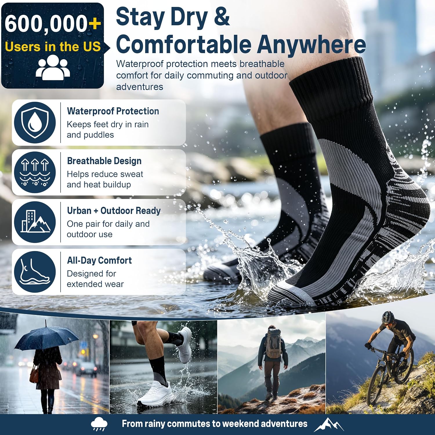 RANDY SUN Waterproof Breathable Socks, [SGS Certified] Unisex Skiing Trekking Hiking Wading Trail Socks