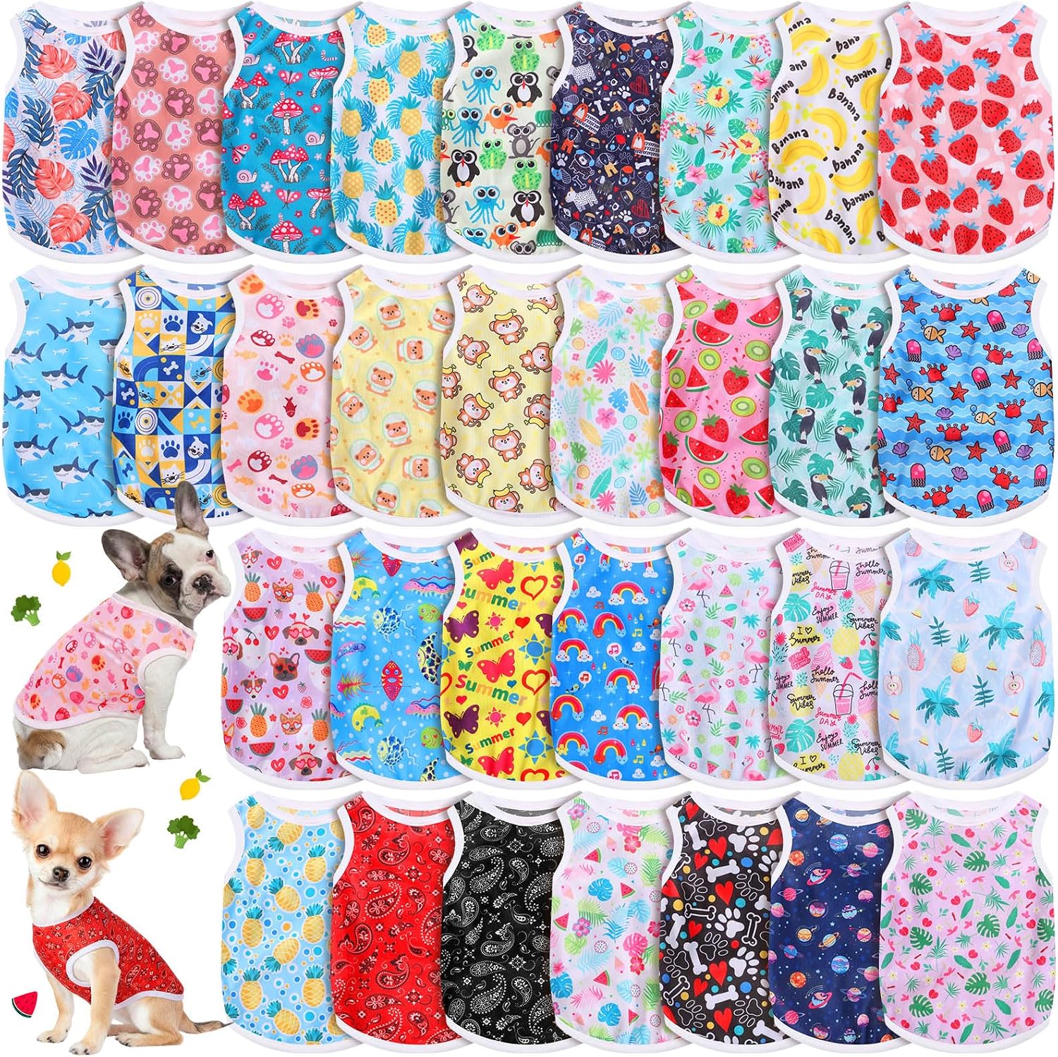 Yaomiao 32 Pack Summer Small Dogs Clothes Puppy Shirts Bulk, Breathable Sleeveless Pet T-Shirts, Cute Hawaiian Dog Clothes for Boy & Girl Dogs, Vest Apparel for Puppies Cats(Cartoon Series,S)