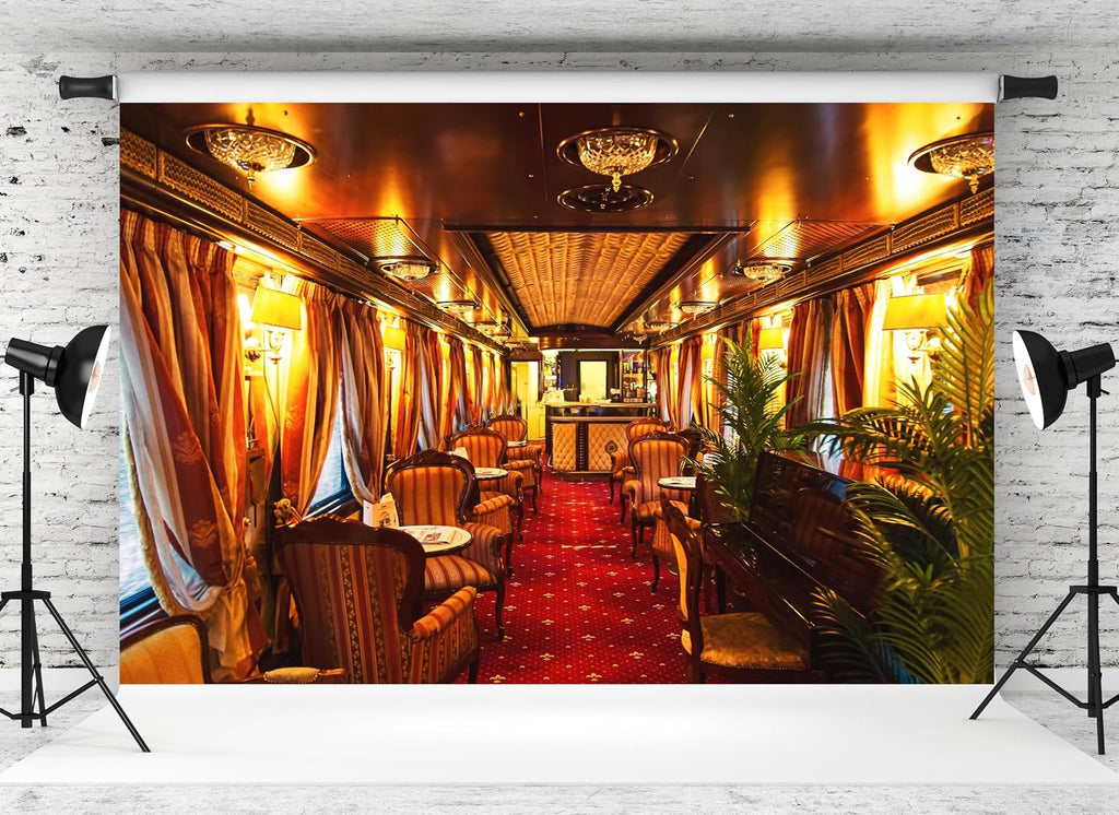 MAEQLQLM 7x5ft Vintage Luxury Train Carriage Backdrop Elegant Retro Railway Dining Lounge Photography Background for Railroad Theme Party Vintage Travel Event Decor Wallpaper Photoshoot Props